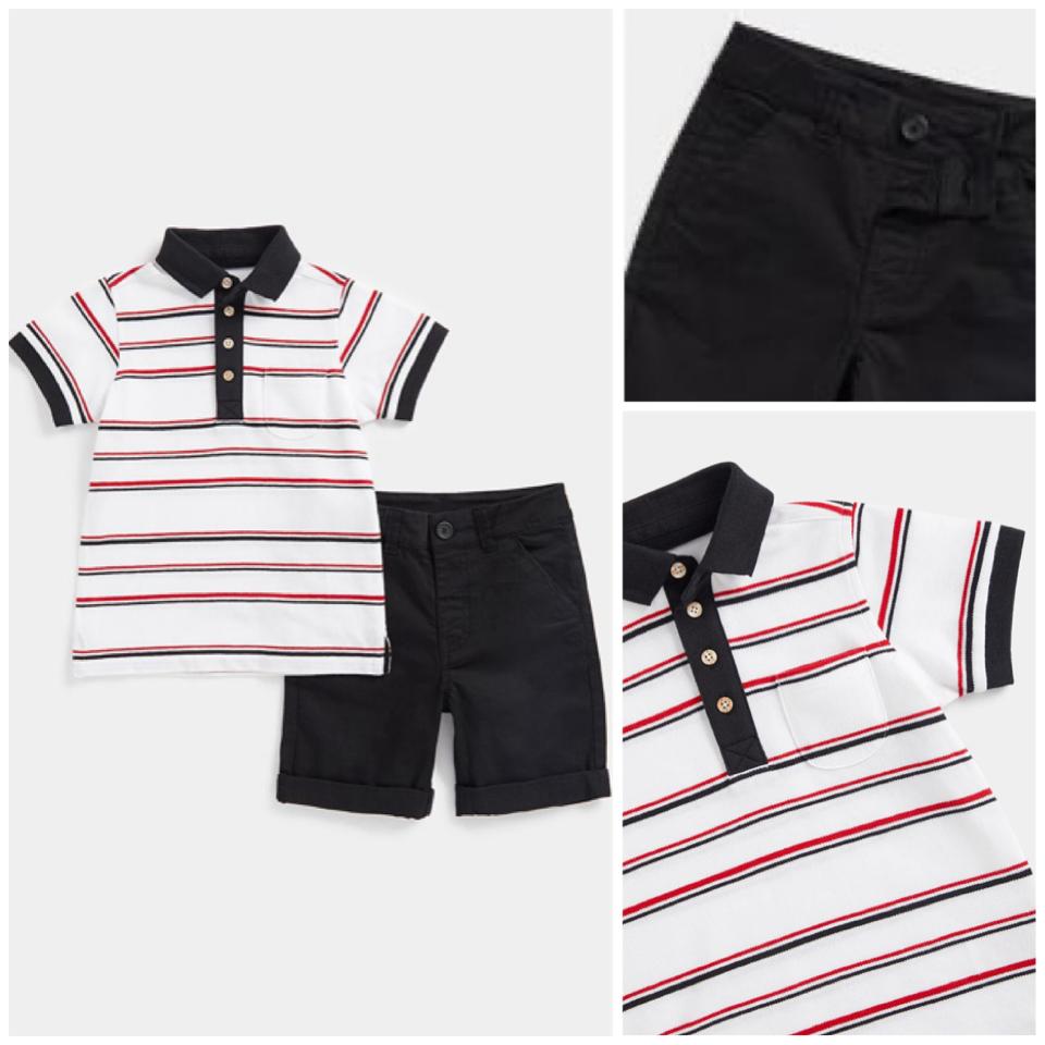 MOTHERCARE SALE, 2 Piece Stripe White Polo Short and Black Chino Short Pants